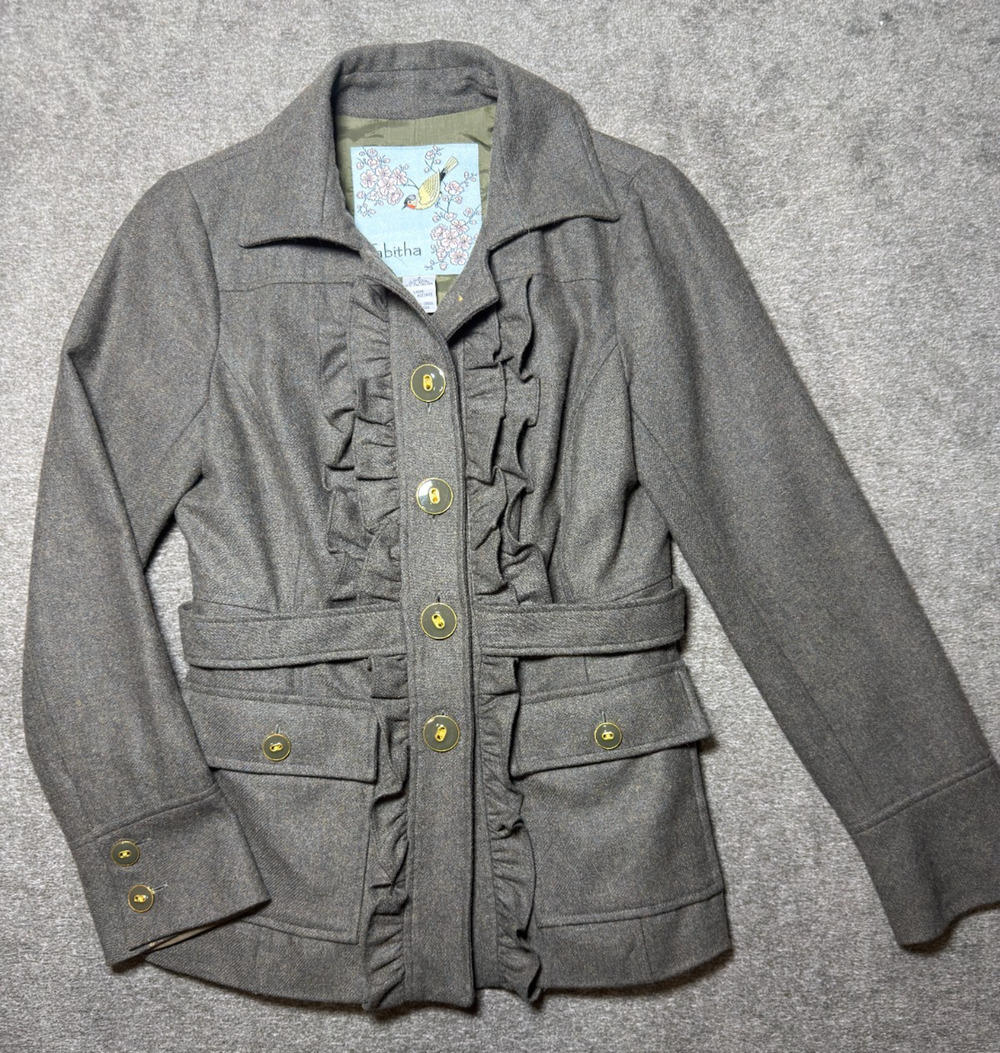 Anthropologie Tabitha Oxer Military Ruffle Jacket Blazer Green Wool Blend Coat